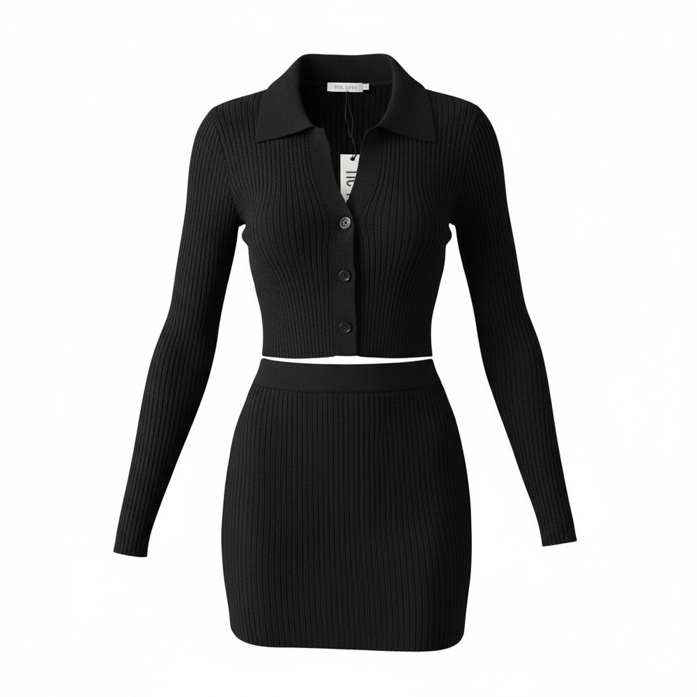 Black Ribbed Two Piece Set Long Sleeve Crop Top Mini Skirt